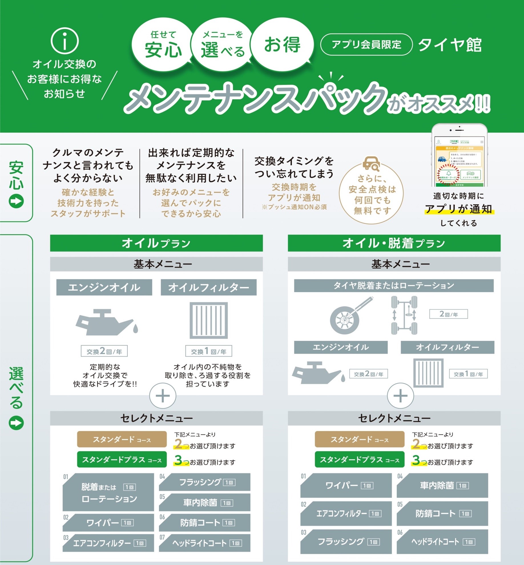 アプリ会員様限定 選べてお得な メンテナンスパック 大好評受付中です スタッフ日記 タイヤ館 土山 タイヤからはじまる トータルカーメンテナンス タイヤ館グループ