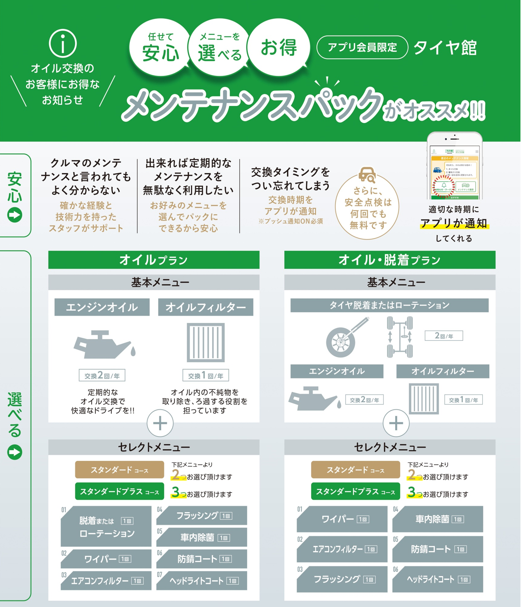 大好評 お得で便利な メンテナンスパック お知らせ タイヤ館 河内長野 大阪府 和歌山県のタイヤからはじまる トータルカーメンテナンス タイヤ館グループ