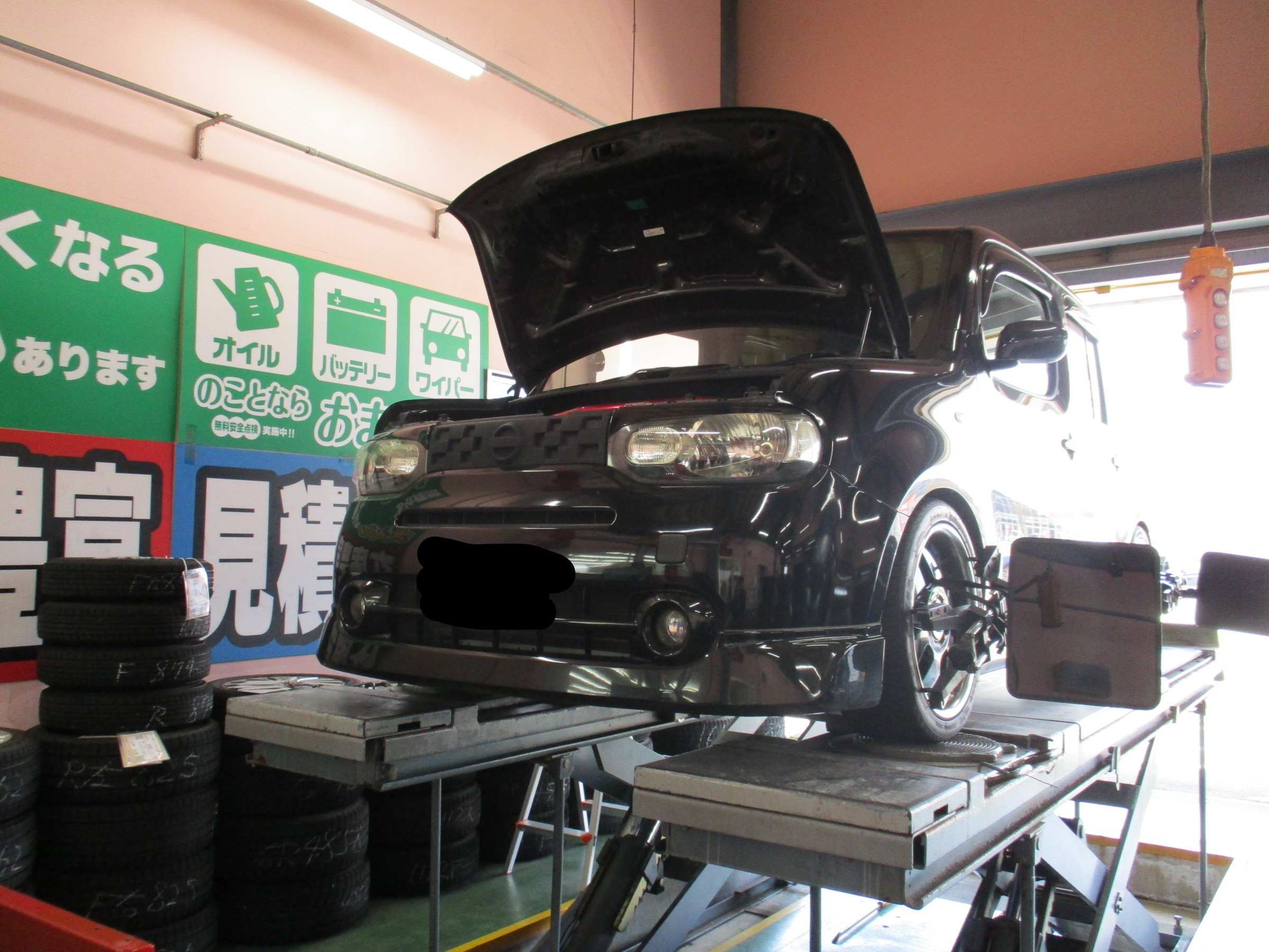 キューブ Z12 アライメント調整 日産 キューブ サービス事例 タイヤ館 ファボーレ富山 タイヤからはじまる トータルカーメンテナンス タイヤ館グループ