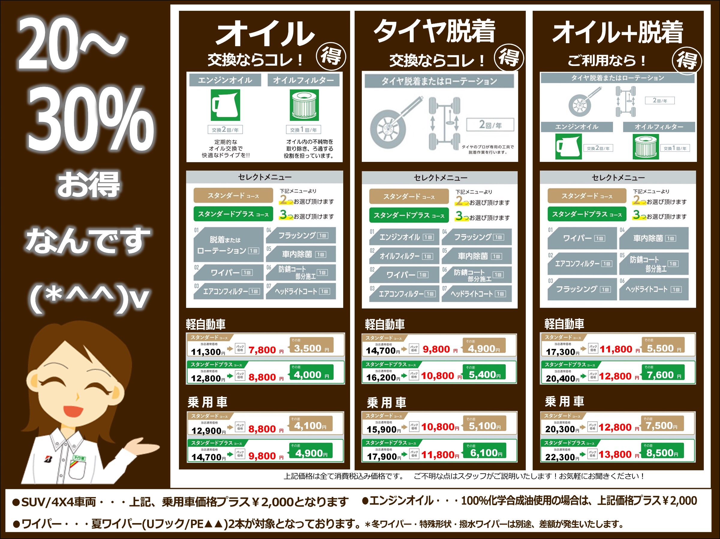 オイル交換は、お得なメンテナンスパックで☆  サービス事例  タイヤ 