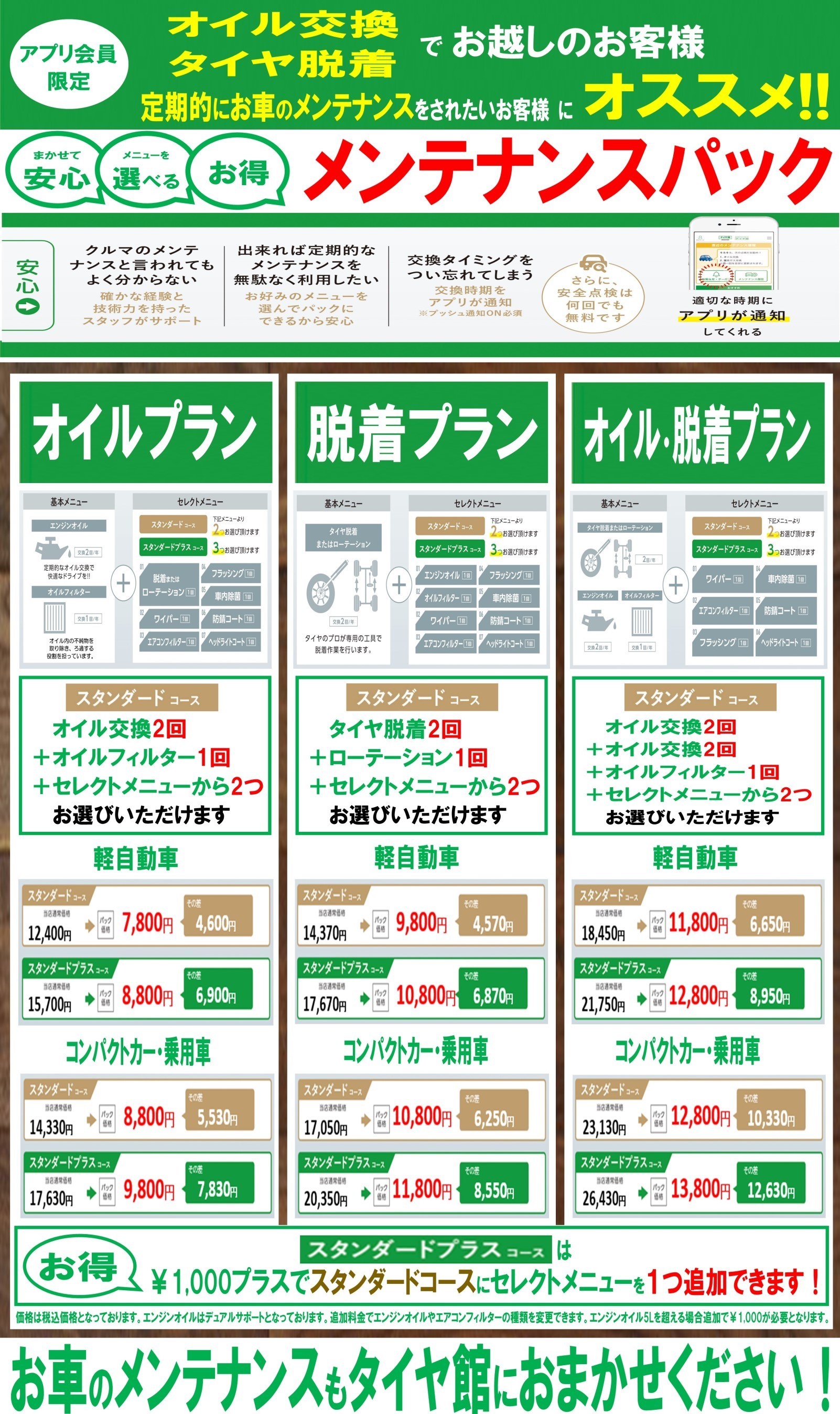 オイル交換やタイヤ交換 脱着 のご利用ならおトクなメンテナンスパックがおすすめ サービス事例 タイヤ館 外旭川 秋田県のタイヤ カー用品ショップ タイヤからはじまる トータルカーメンテナンス タイヤ館グループ