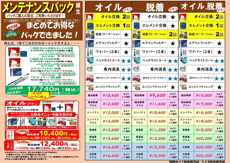 メンテナンスパック表