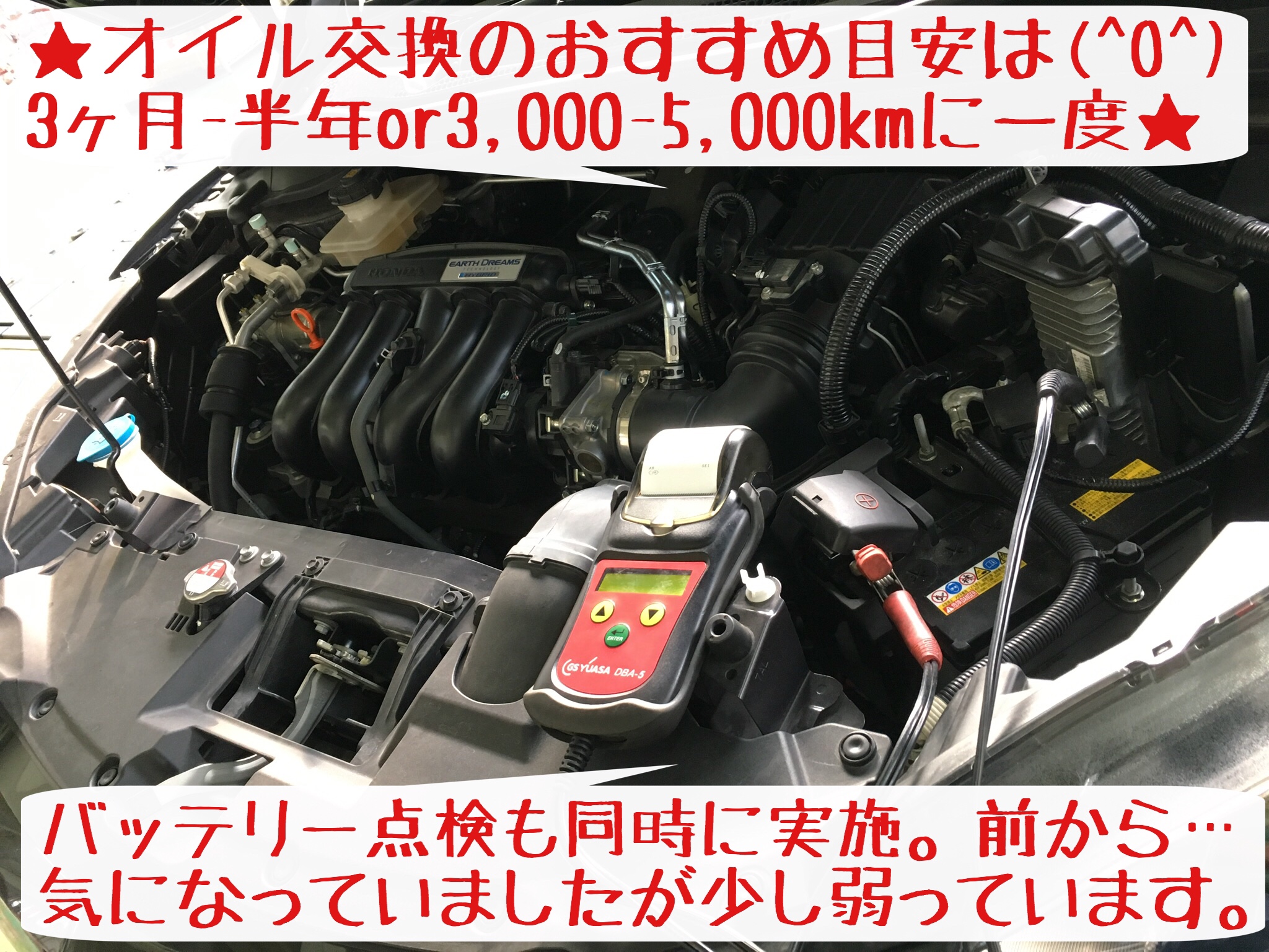 オイル バッテリー交換 ヴェゼル編 ホンダ ヴェゼルハイブリッド メンテナンス商品 オイル関連 エンジンオイル交換 サービス事例 タイヤ館 岩国 タイヤからはじまる トータルカーメンテナンス タイヤ館グループ