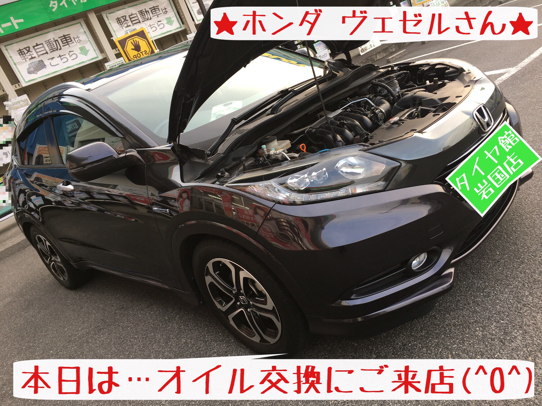 オイル バッテリー交換 ヴェゼル編 ホンダ ヴェゼルハイブリッド メンテナンス商品 オイル関連 エンジンオイル交換 サービス事例 タイヤ館 岩国 タイヤからはじまる トータルカーメンテナンス タイヤ館グループ