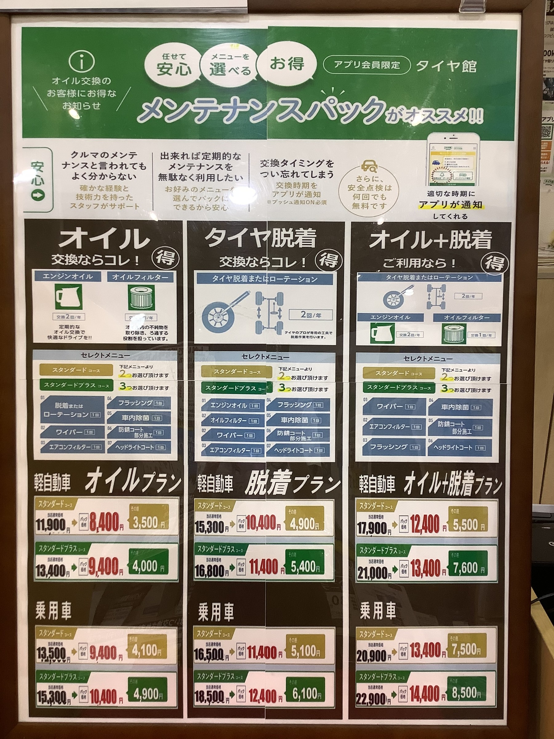 メンテナンスパック料金表