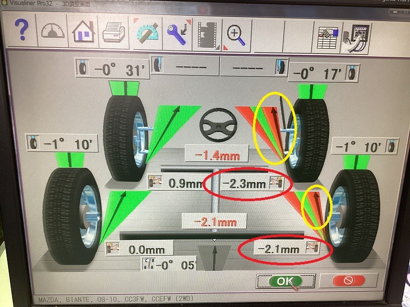 マツダ　ビアンテ　タイヤ交換後のアライメント調整