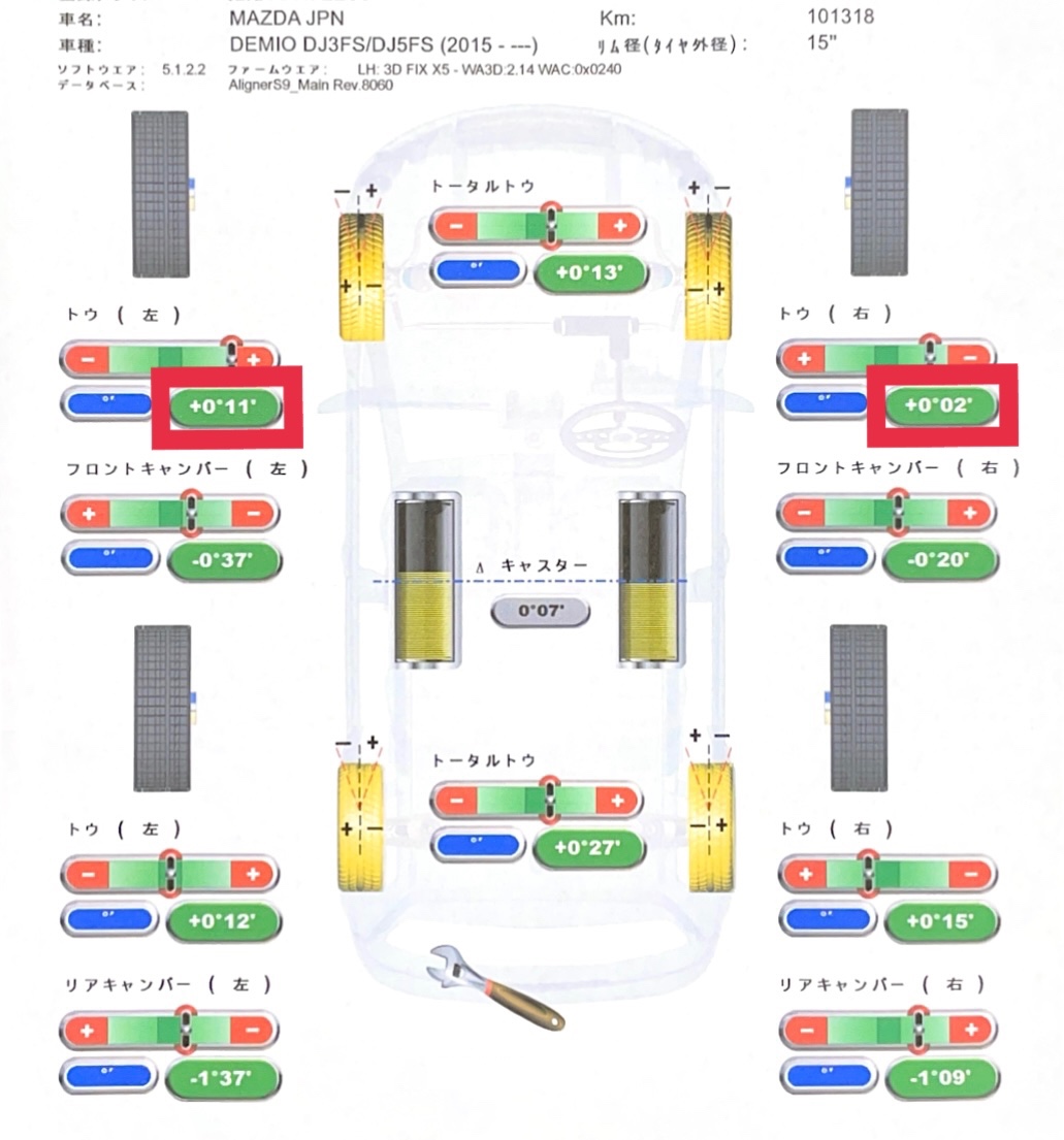 タイヤ館加古川 マツダ デミオ DJ3FS　アライメント 調整前