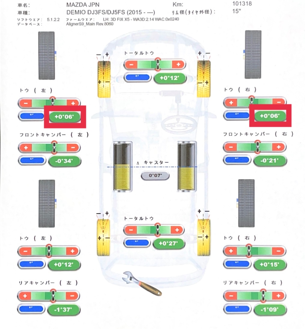 タイヤ館加古川 マツダ デミオ DJ3FS　アライメント 調整後