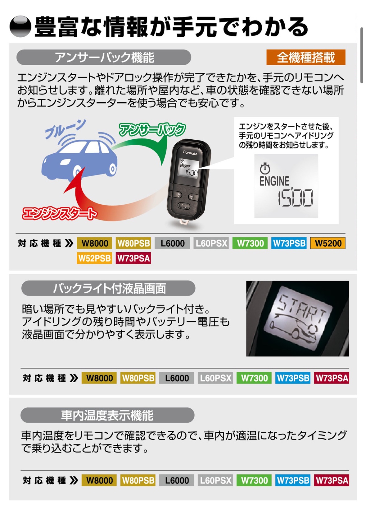 カーメイトのHPよりエンジンスターターのページをスクリーンショットして貼り付けています。