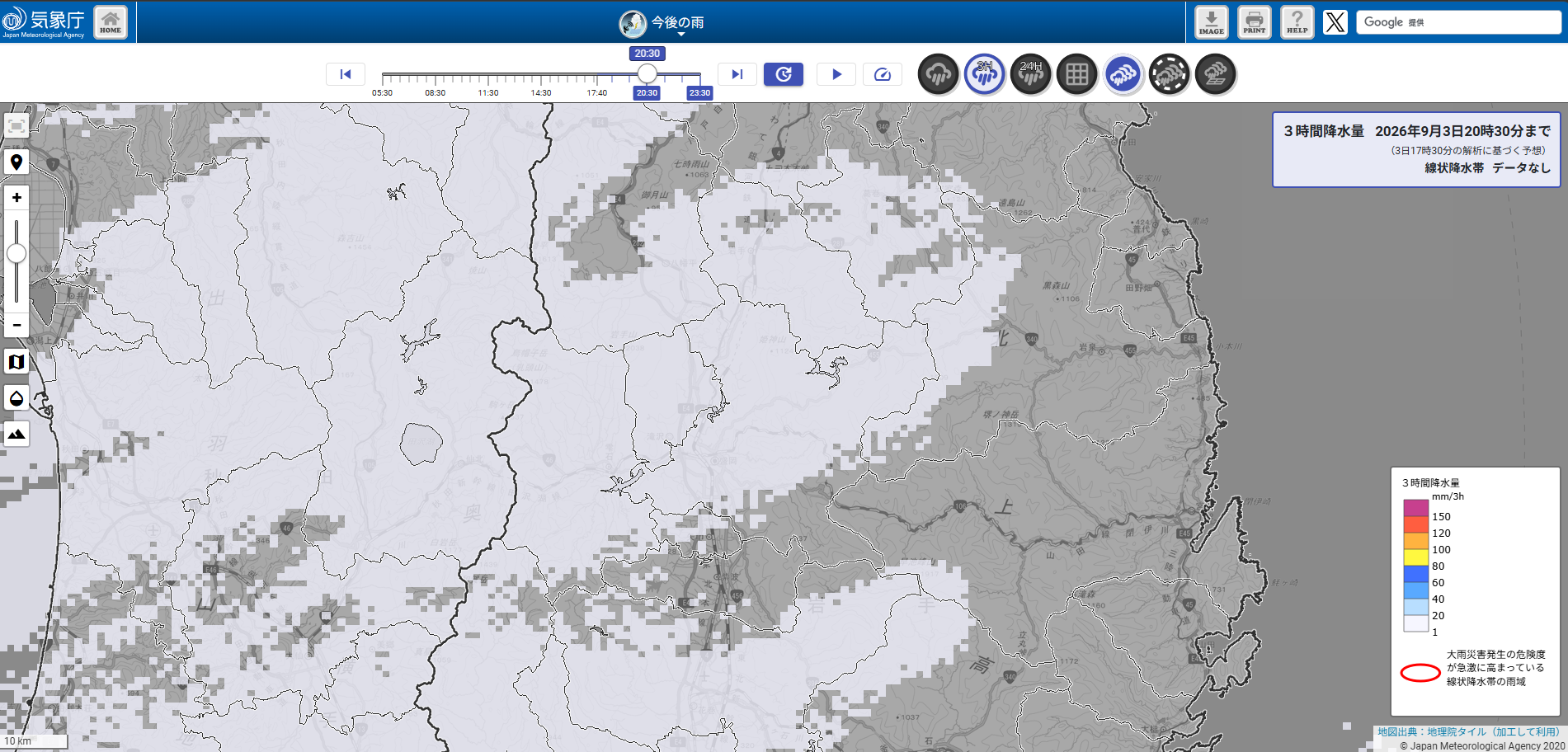 https://www.jma.go.jp/bosai/kaikotan/#lat:39.744682/lon:141.264954/zoom:10/elements:rasrf03h&slmcs/colordepth:normal　気象庁の今後の雨 より画像を引用しています。