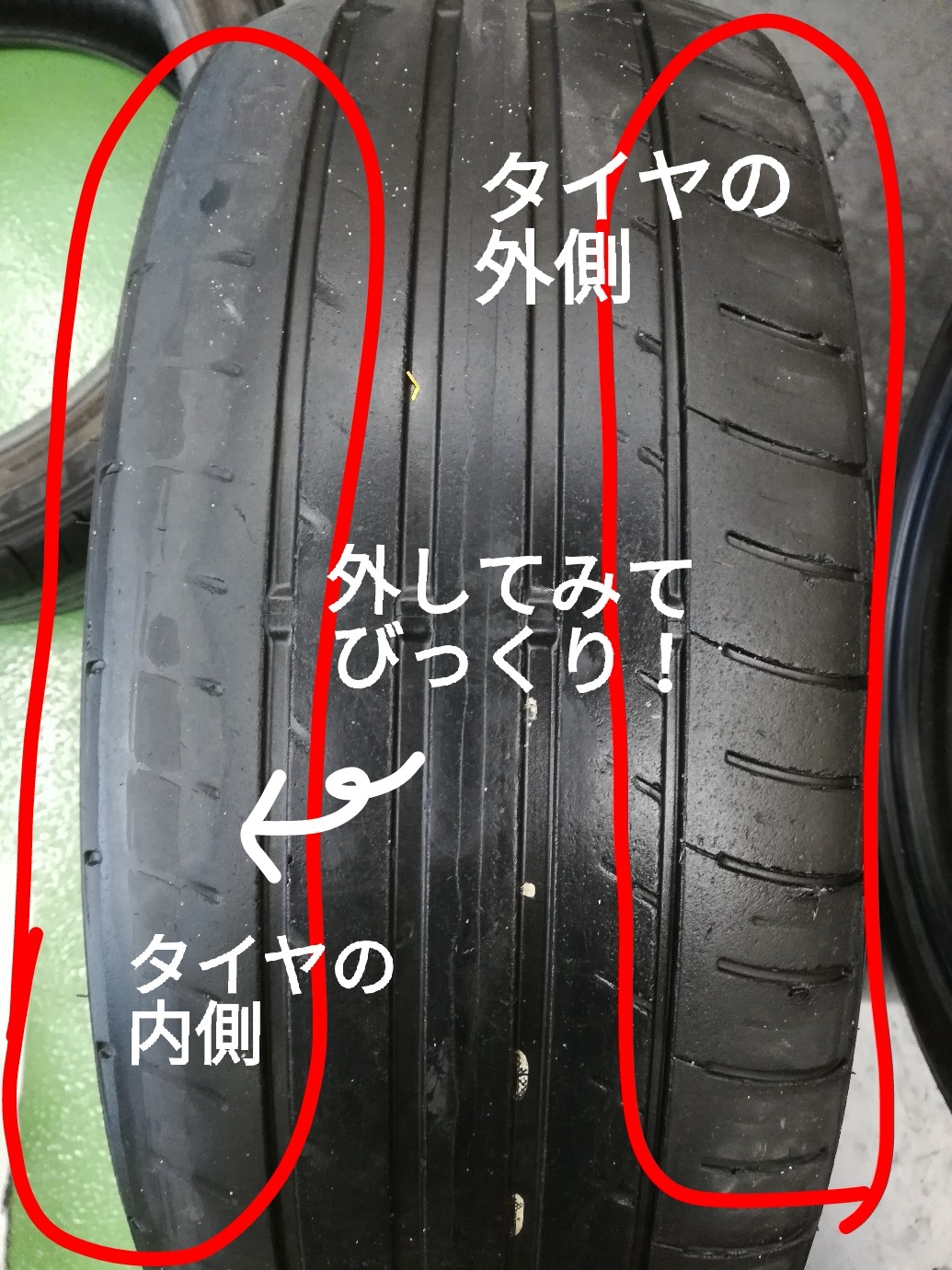 タイヤの内側はわかりにくい タイヤ タイヤ・ホイール関連 > 4輪トータルアライメント調整 サービス事例 タイヤ館 辻本通