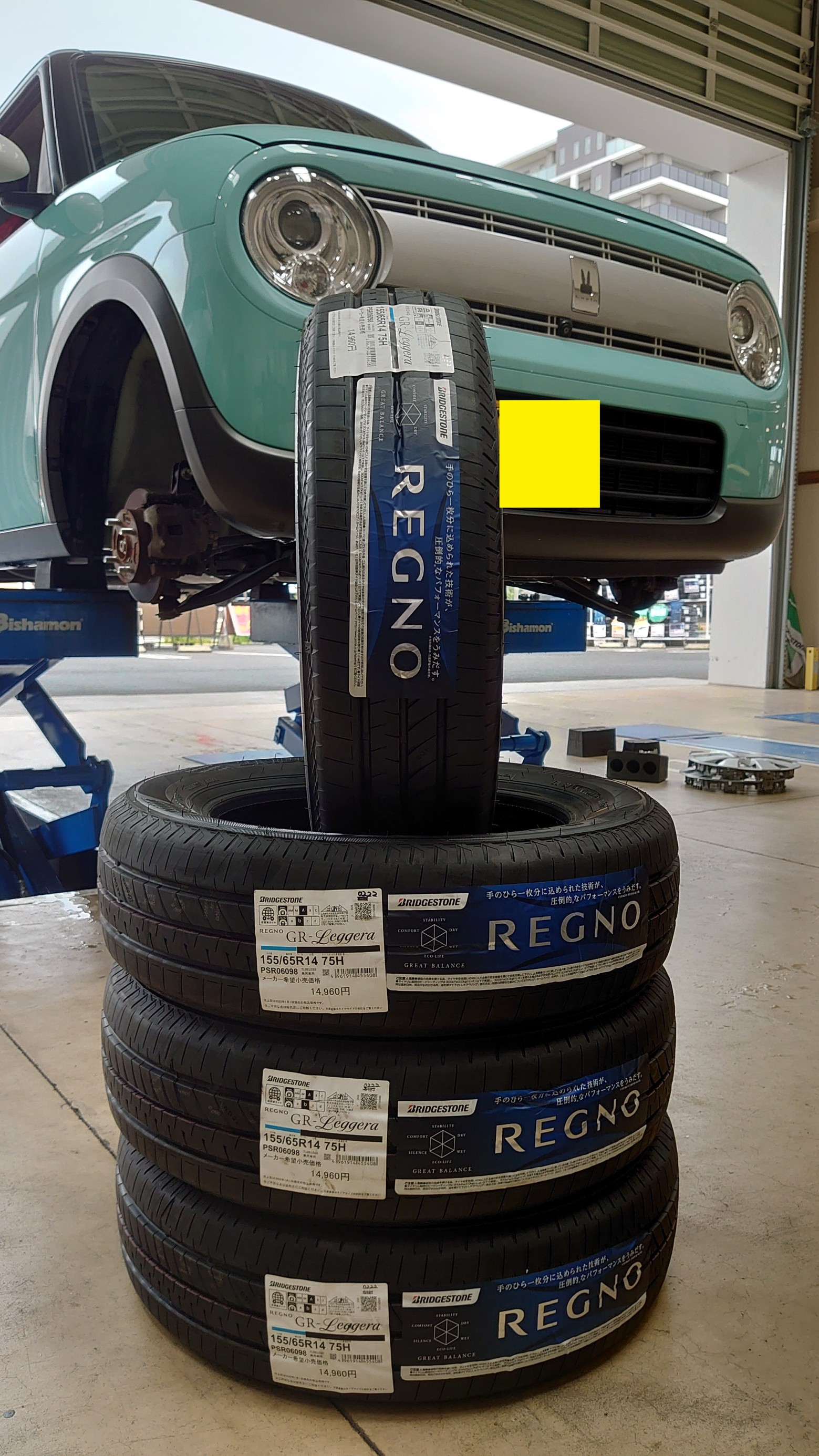スズキ ラパン タイヤ交換+アライメント調整 155/65R14 REGNO（レグノ