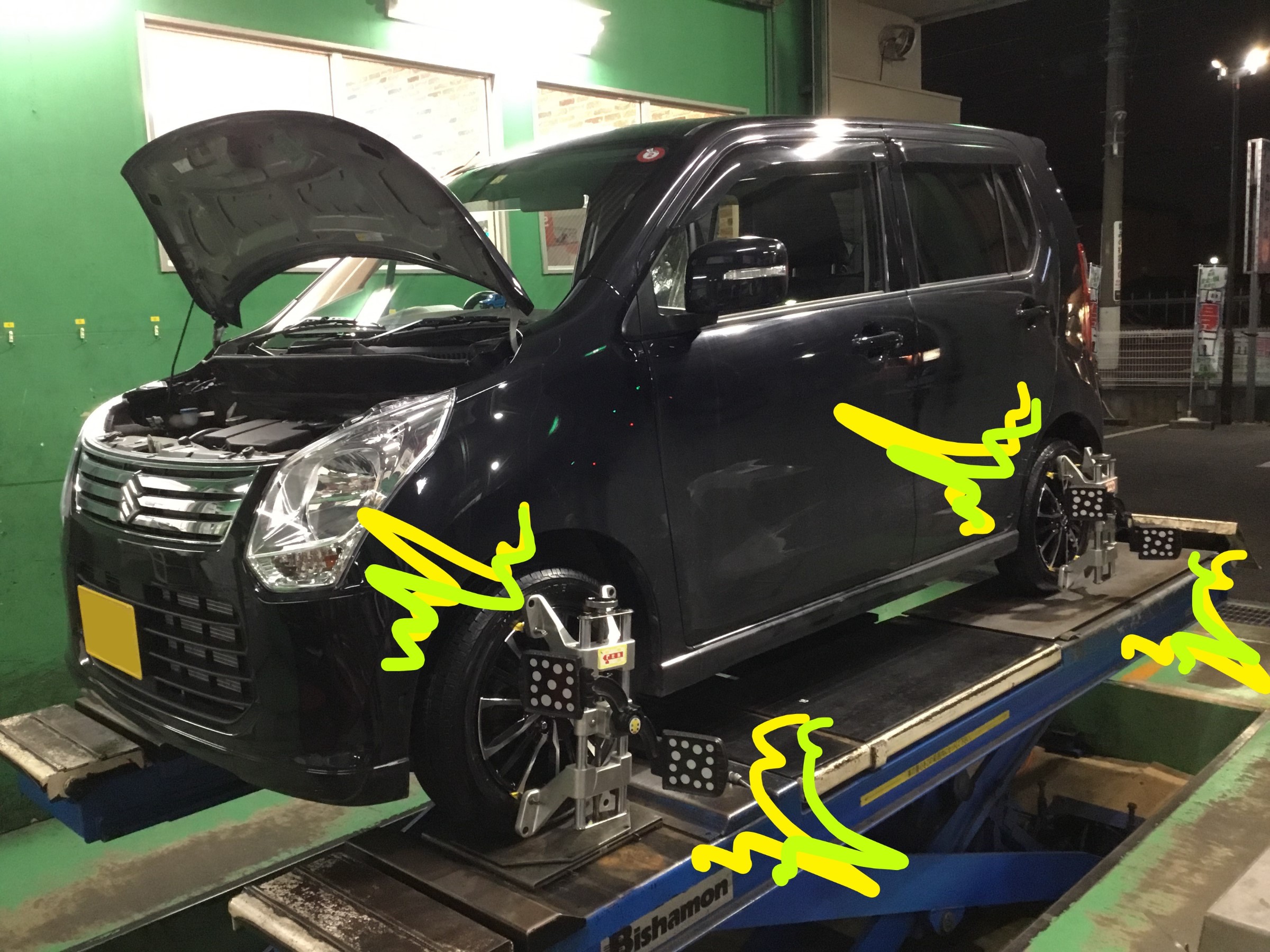 MH34S型ワゴンR、タイヤ交換＆アルミホイール交換＆アライメント調整